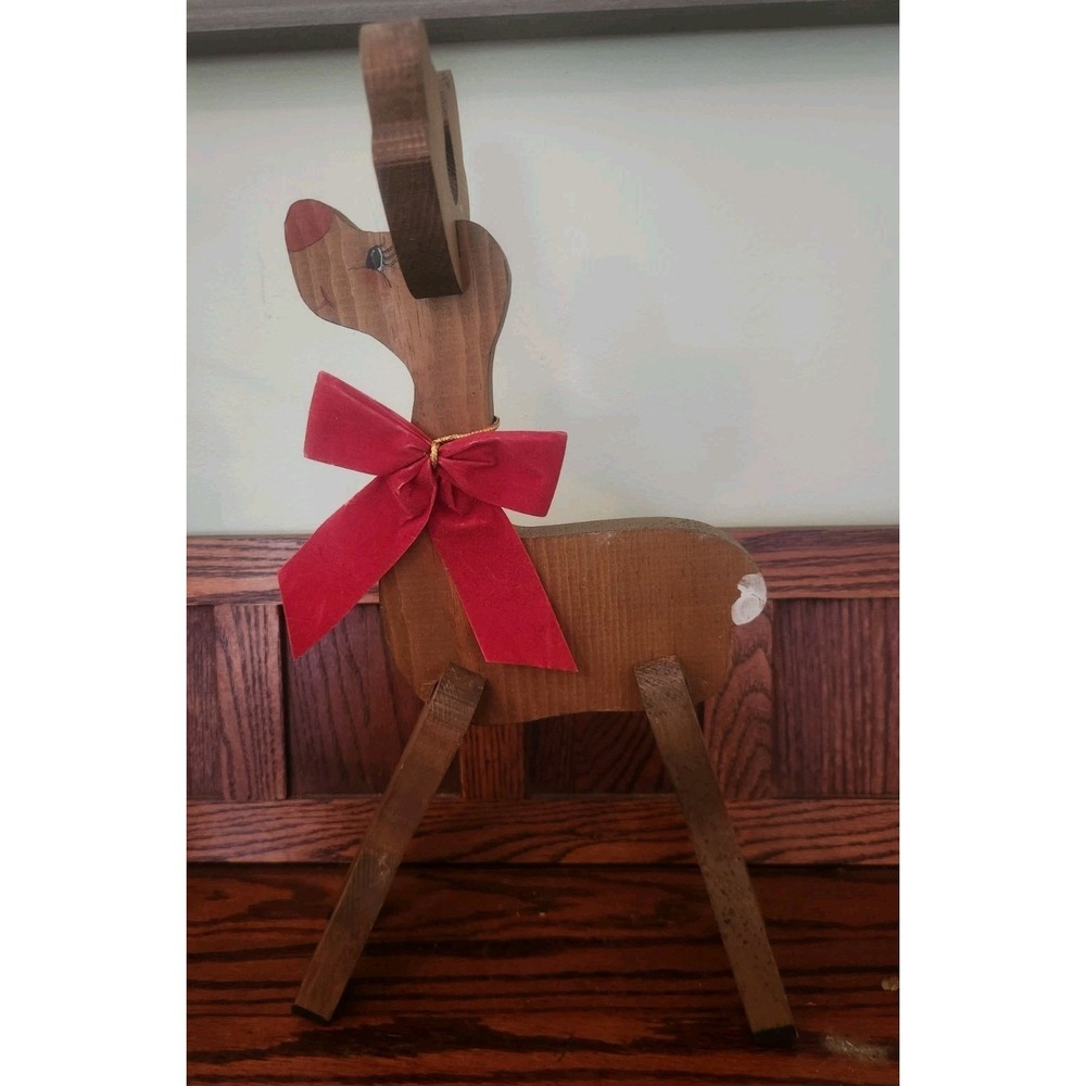 Vintage Handmade Wooden Reindeer 16in Tall Kitchy Christmas